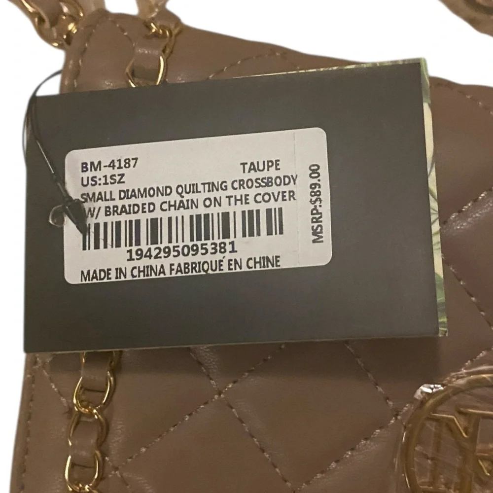 Badgley Mischka Taupe Diamond Crossbody Bag with Braided Chain